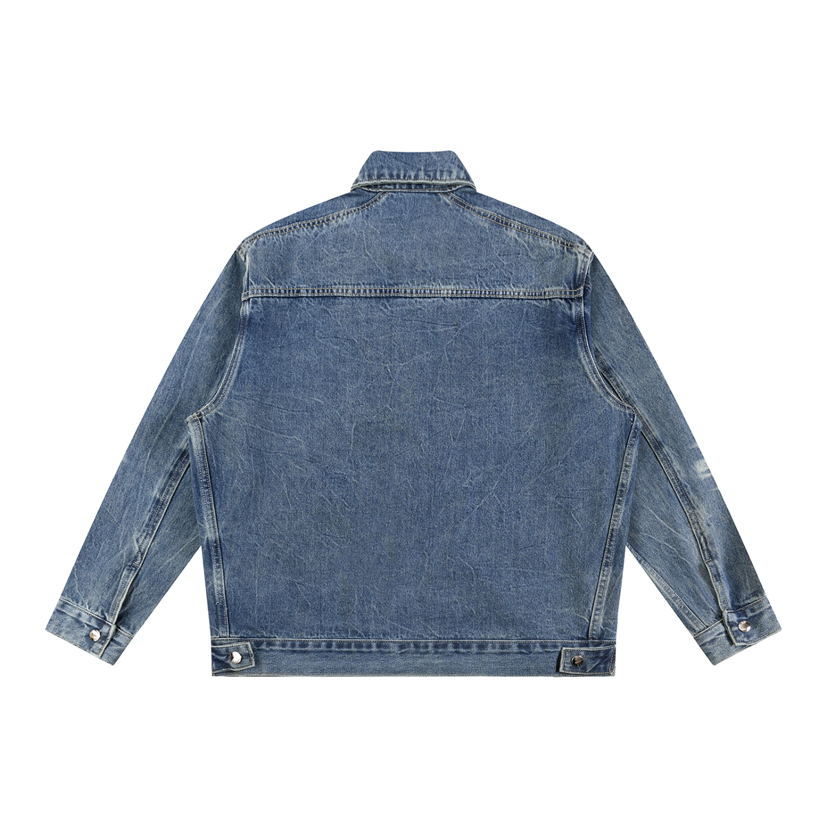 Unisex Vintage Wash Zip Up Denim Jacket in blue, alternate angle