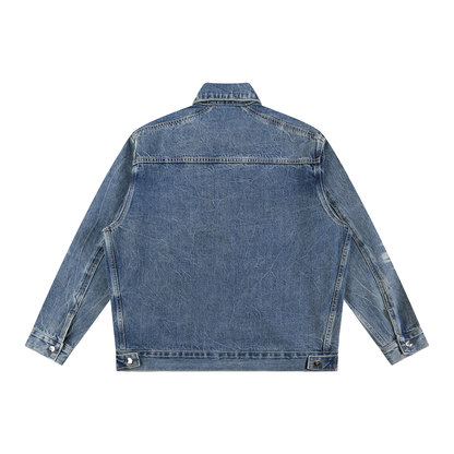 Unisex Vintage Wash Zip Up Denim Jacket in blue, alternate angle