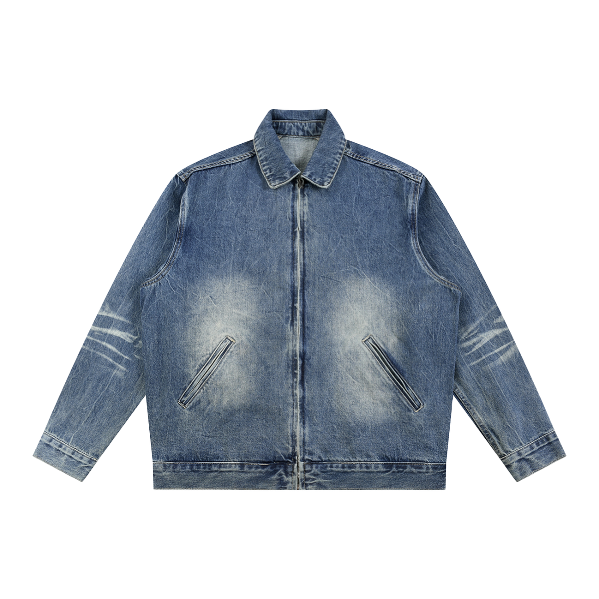 Unisex Vintage Wash Zip Up Denim Jacket in blue