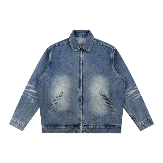 Unisex Vintage Wash Zip Up Denim Jacket in blue