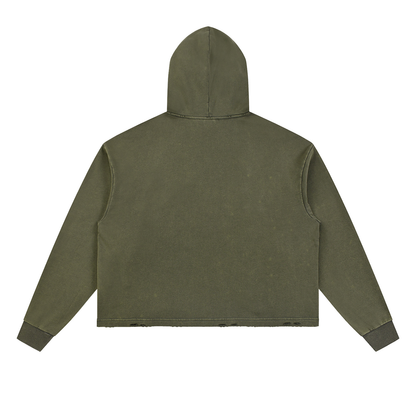 Unisex Vintage Washed Frayed-Hem Hoodie in army green, alternate angle