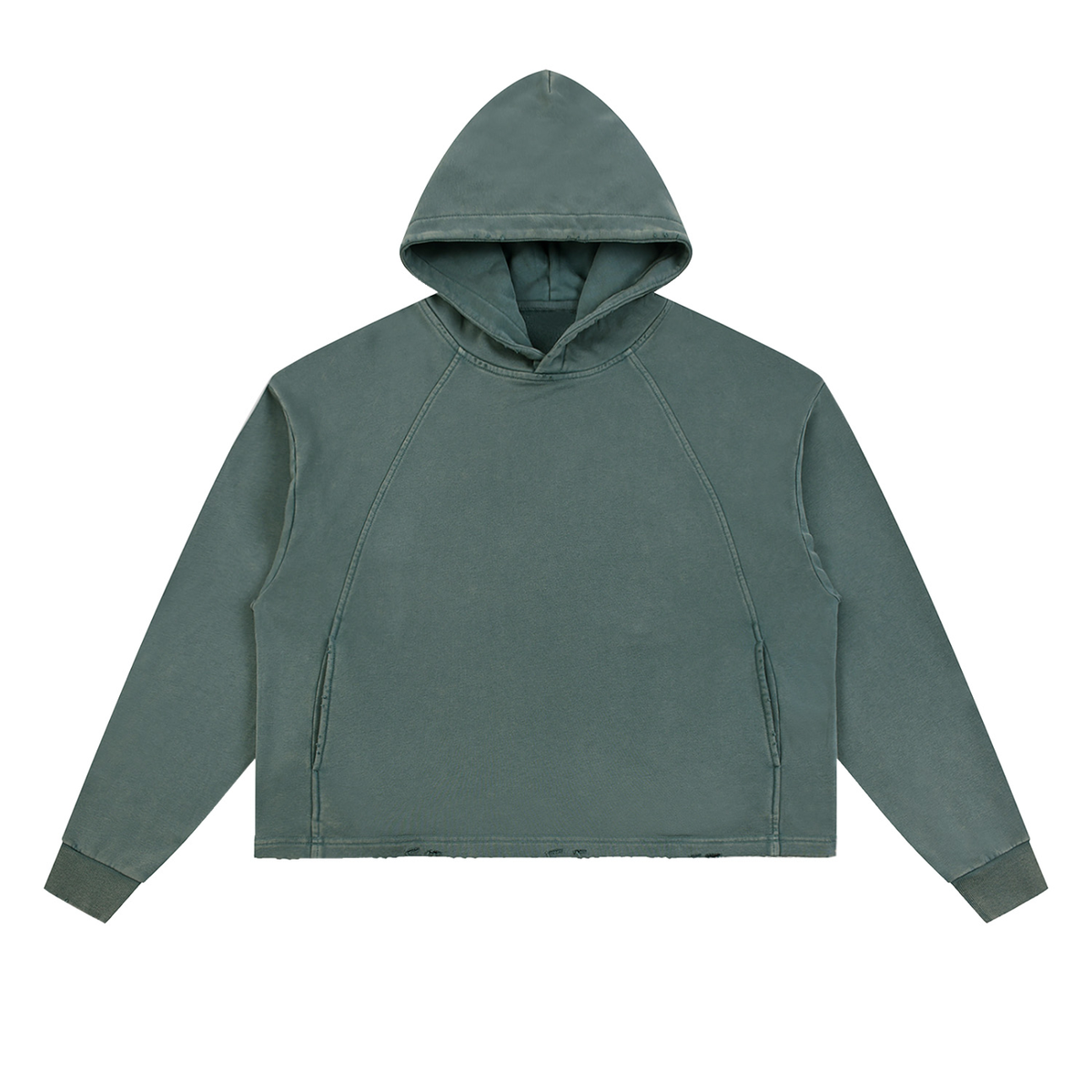 Unisex Vintage Washed Frayed-Hem Hoodie in gray green