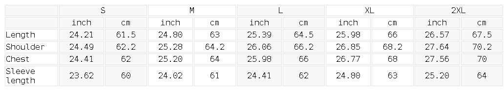 Size chart for the Unisex Vintage Washed Frayed-Hem Hoodie