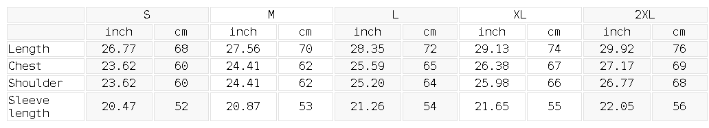 Size chart for the Unisex Vintage Washed Hand-Frayed Sweater