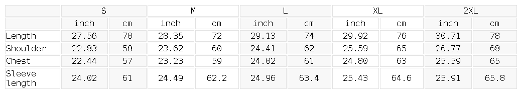 Size chart for the Unisex Vintage Washed Long Sleeve T-Shirt