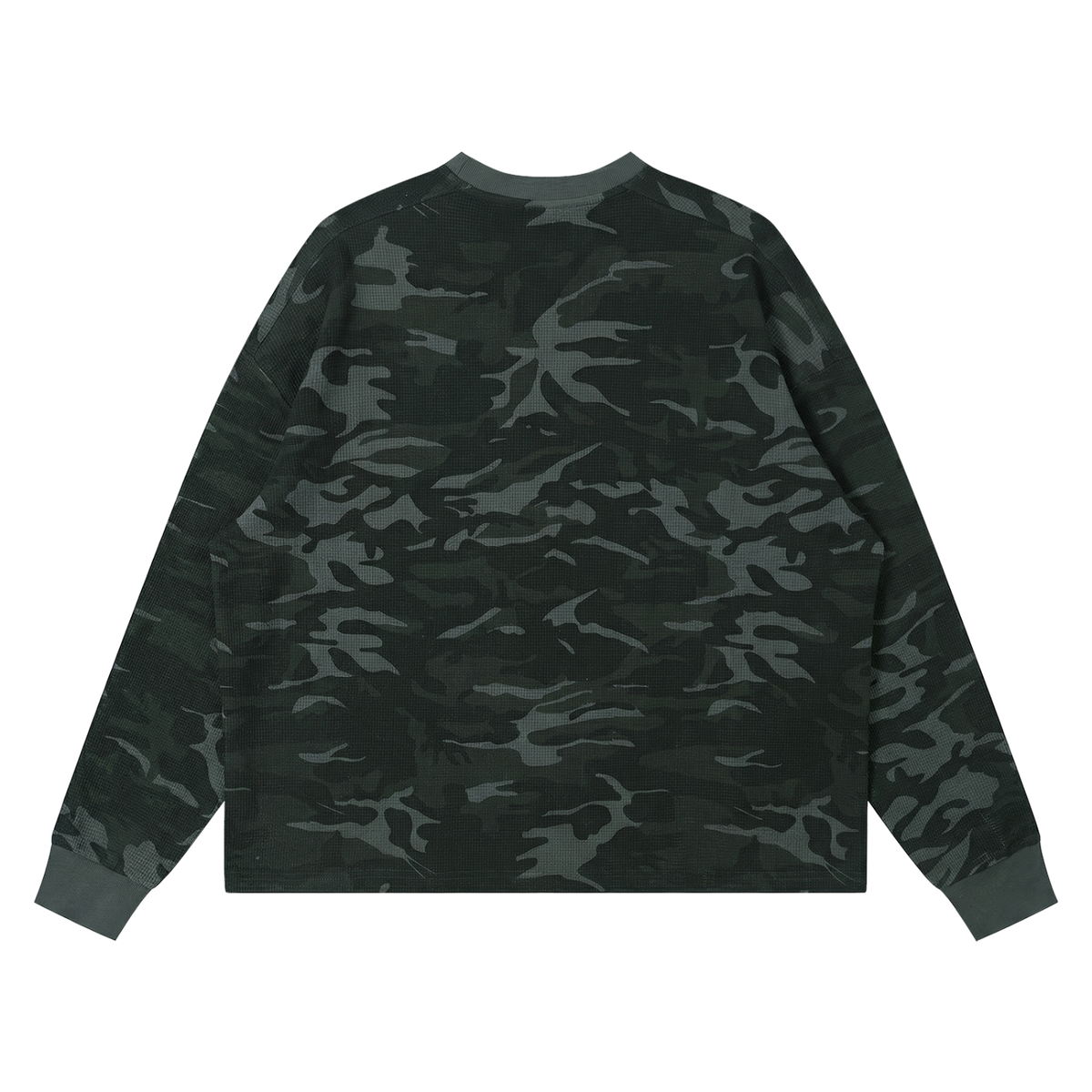 Unisex Waffle Boxy Long Sleeve T-Shirt in gray camo, alternate angle