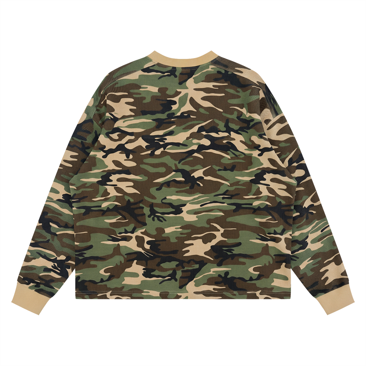 Unisex Waffle Boxy Long Sleeve T-Shirt in khaki camo, alternate angle