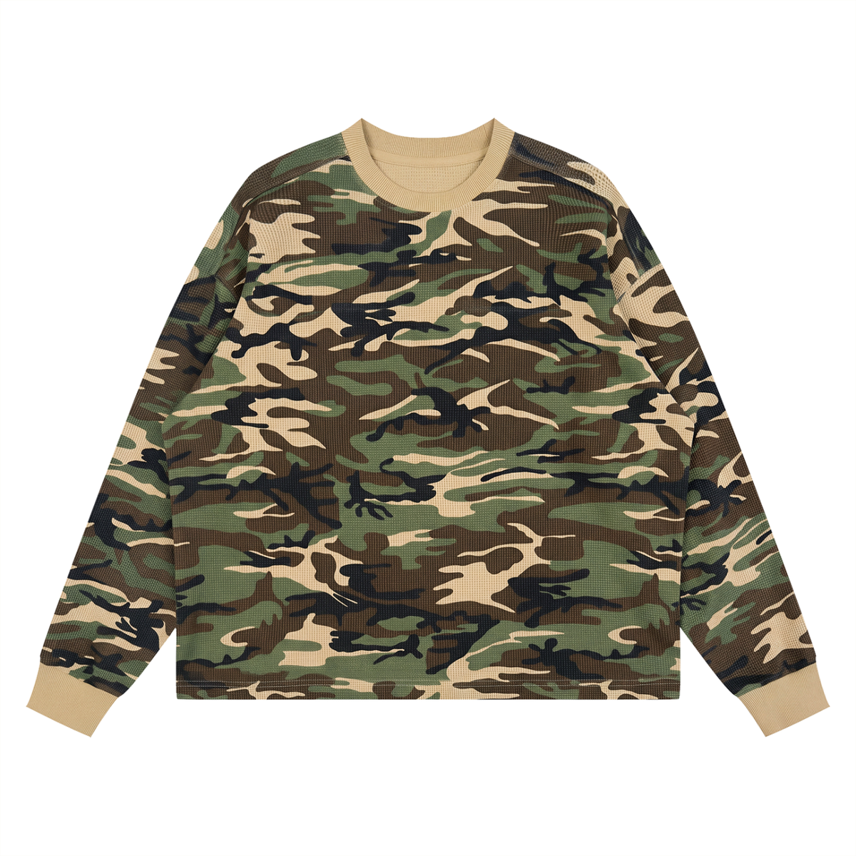 Unisex Waffle Boxy Long Sleeve T-Shirt in khaki camo