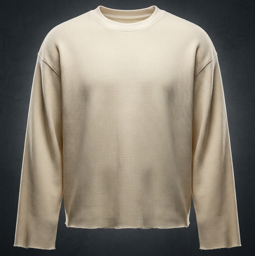 Unisex Waffle Raw Edge Long Sleeve T-Shirt