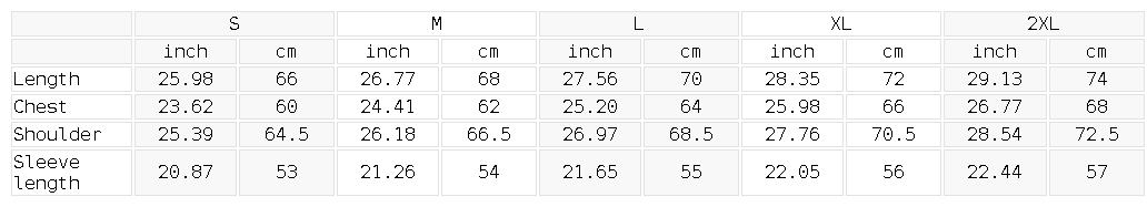 Size chart for the Unisex Waffle Raw Edge Long Sleeve T-Shirt