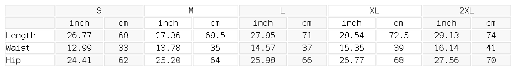 Size chart for the Unisex Waffle Shorts