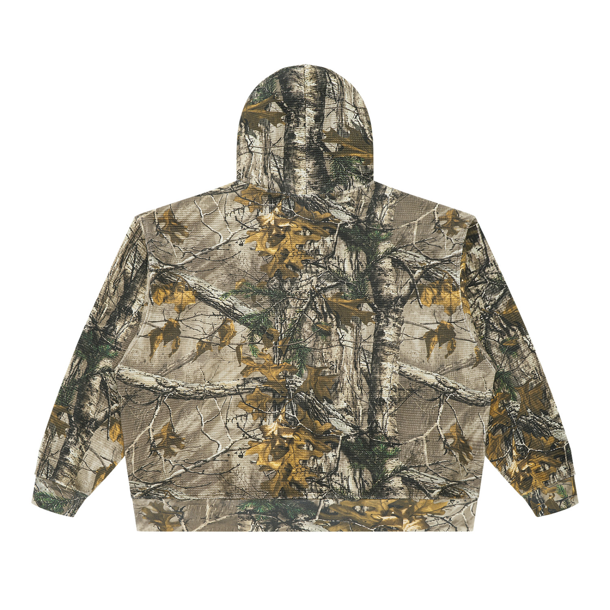 Unisex Waffle Tree Camo Boxy Hoodie in gray green tree camo, alternate angle