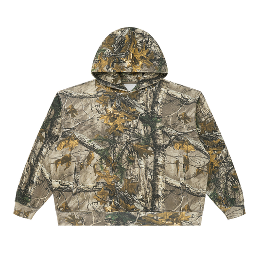 Unisex Waffle Tree Camo Boxy Hoodie in gray green tree camo