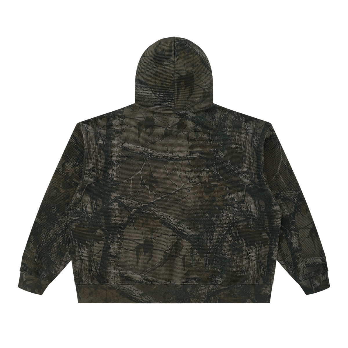 Unisex Waffle Tree Camo Boxy Hoodie in gray tree camo, alternate angle