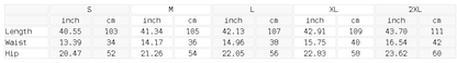Size chart for the Unisex Wide Leg Drawstring Pants