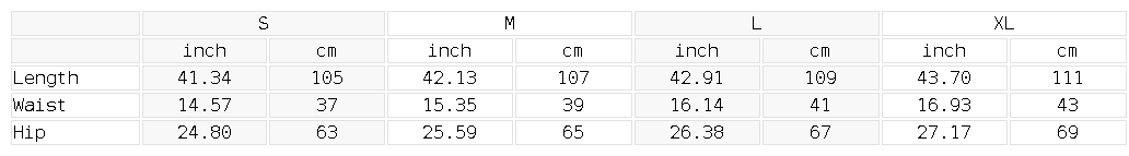 Size chart for the Unisex Wide Leg Piping Sweatpants