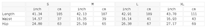Size chart for the Unisex Wide Leg Piping Sweatpants