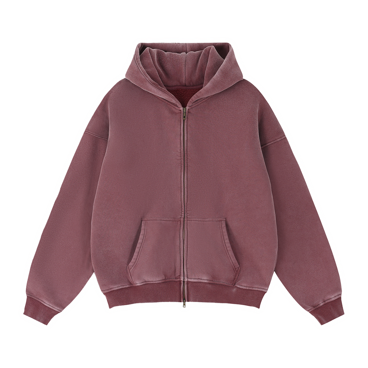 Unisex Zip-Through Boxy Fleece Hoodie in jujube red