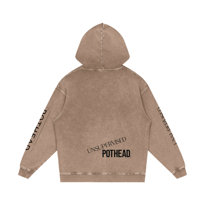 Camel snow wash oversized hoodie, back view with UNSUPERVISED over bold POTHEAD lettering
