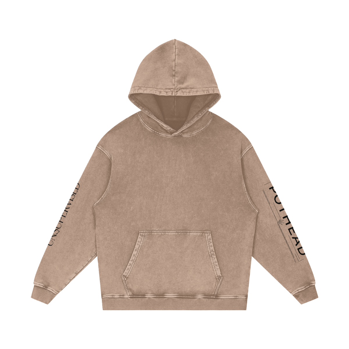 Camel snow wash oversized hoodie with a kangaroo pocket and sleeve lettering, front view