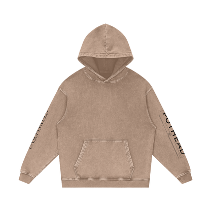 Camel snow wash oversized hoodie with a kangaroo pocket and sleeve lettering, front view