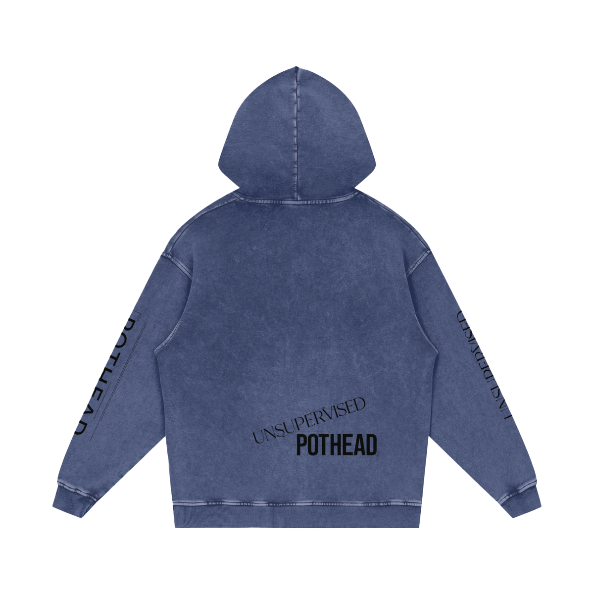 Dark blue snow wash oversized hoodie, back view with UNSUPERVISED over bold POTHEAD lettering