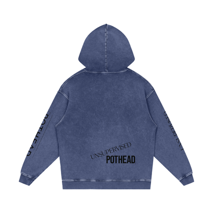 Dark blue snow wash oversized hoodie, back view with UNSUPERVISED over bold POTHEAD lettering