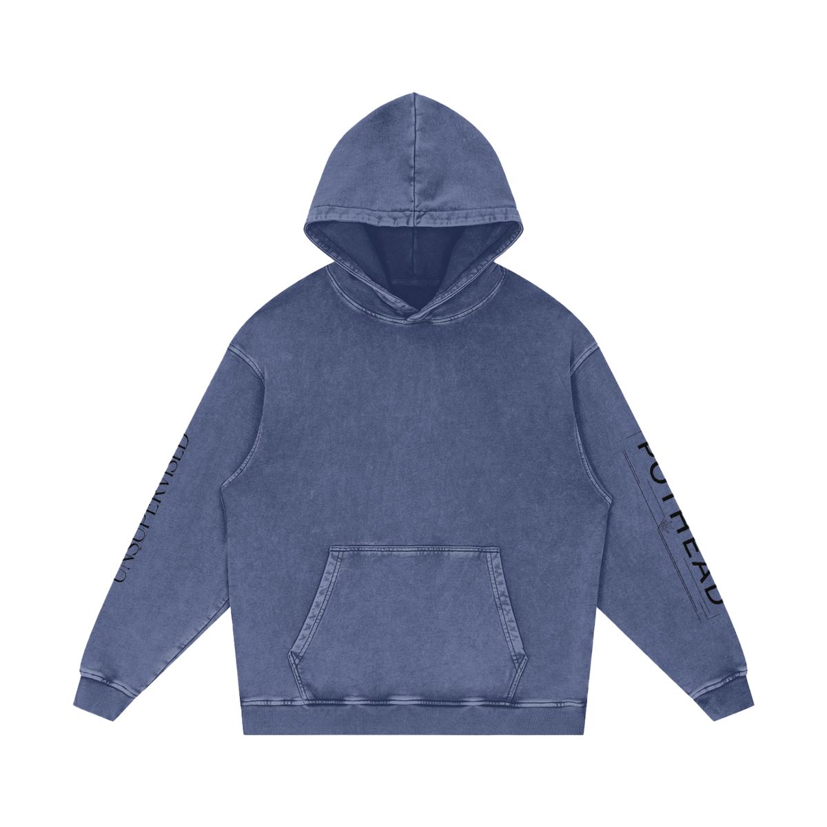 Dark blue snow wash oversized hoodie with a kangaroo pocket and sleeve lettering, front view