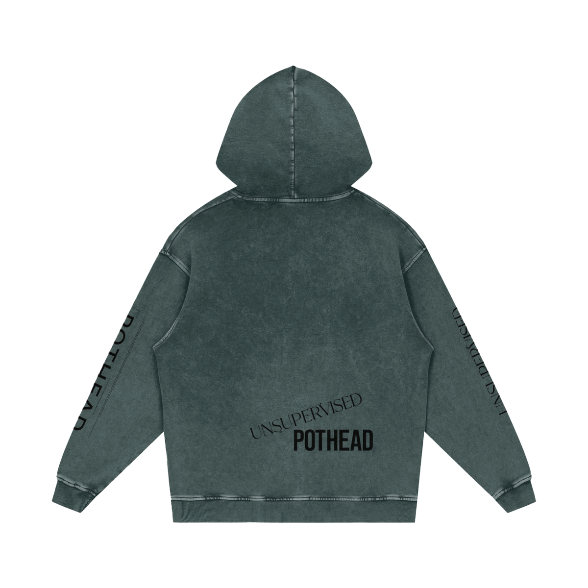 Dark green snow wash oversized hoodie, back view with UNSUPERVISED over bold POTHEAD lettering