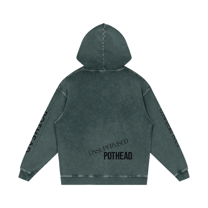 Dark green snow wash oversized hoodie, back view with UNSUPERVISED over bold POTHEAD lettering