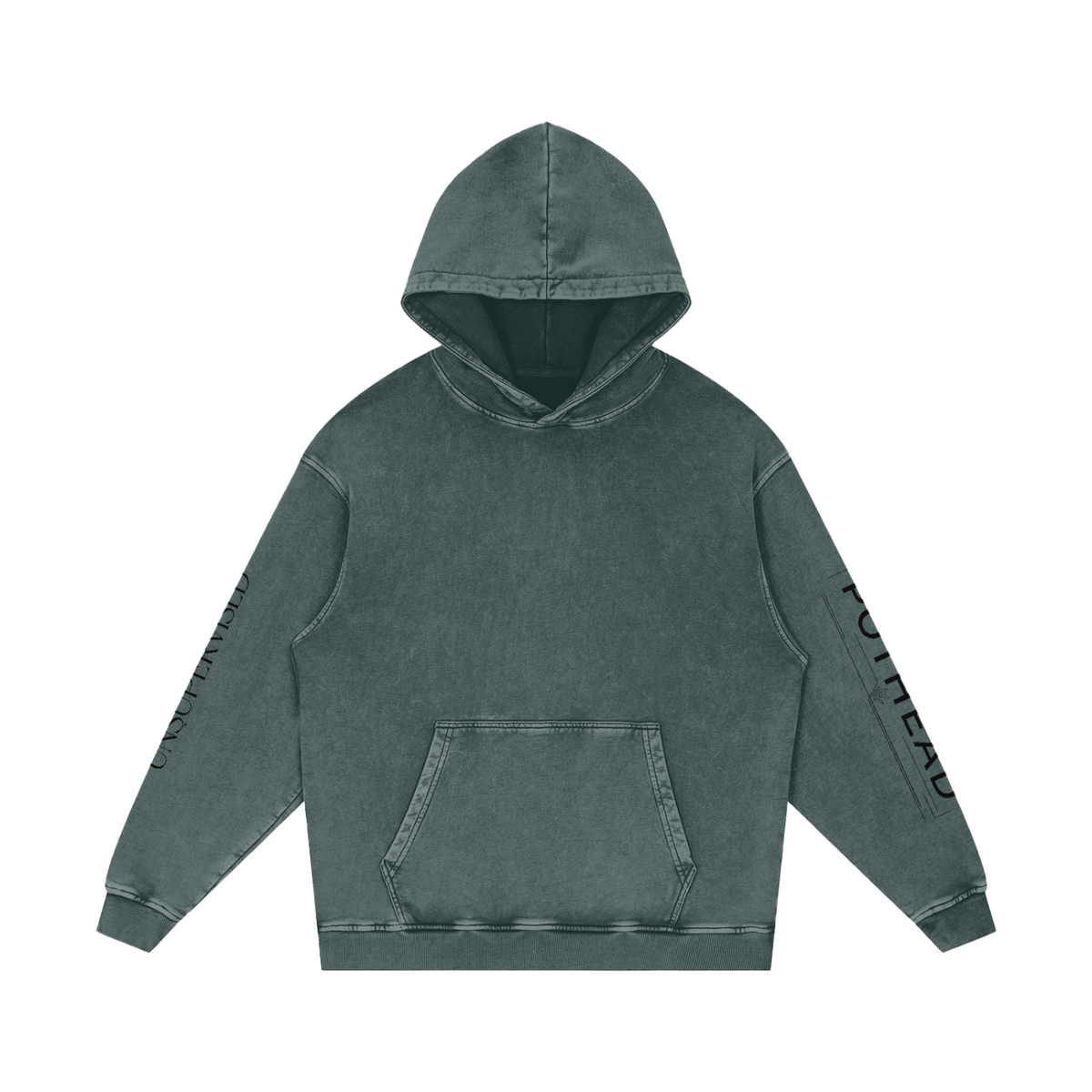 Dark green snow wash oversized hoodie with a kangaroo pocket and sleeve lettering, front view