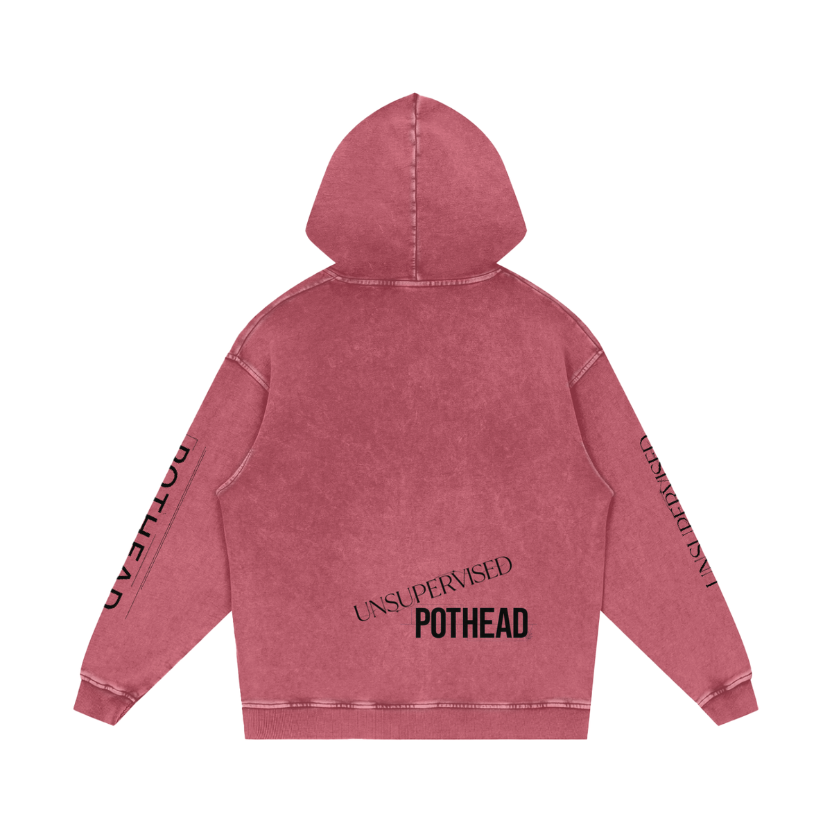 Dark red snow wash oversized hoodie, back view with UNSUPERVISED over bold POTHEAD lettering