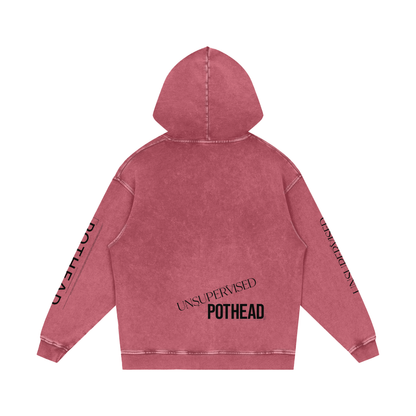 Dark red snow wash oversized hoodie, back view with UNSUPERVISED over bold POTHEAD lettering