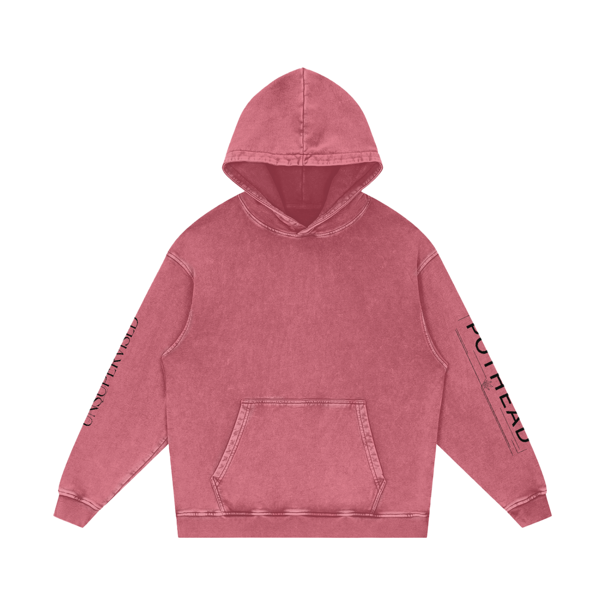 Dark red snow wash oversized hoodie with a kangaroo pocket and sleeve lettering, front view