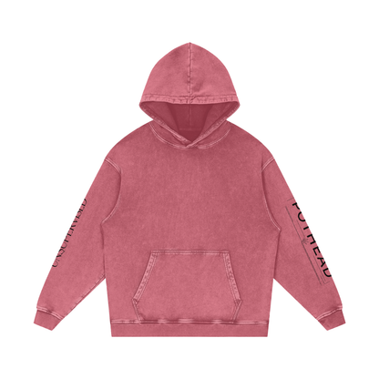 Dark red snow wash oversized hoodie with a kangaroo pocket and sleeve lettering, front view