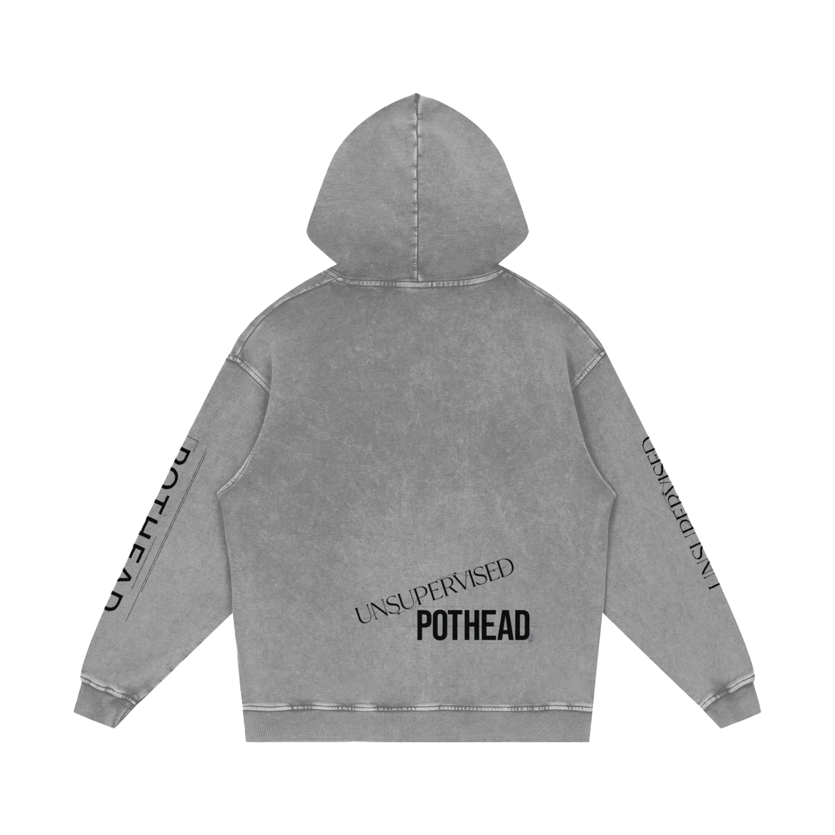 Light gray snow wash oversized hoodie, back view with UNSUPERVISED over bold POTHEAD lettering