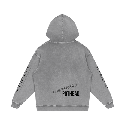 Light gray snow wash oversized hoodie, back view with UNSUPERVISED over bold POTHEAD lettering
