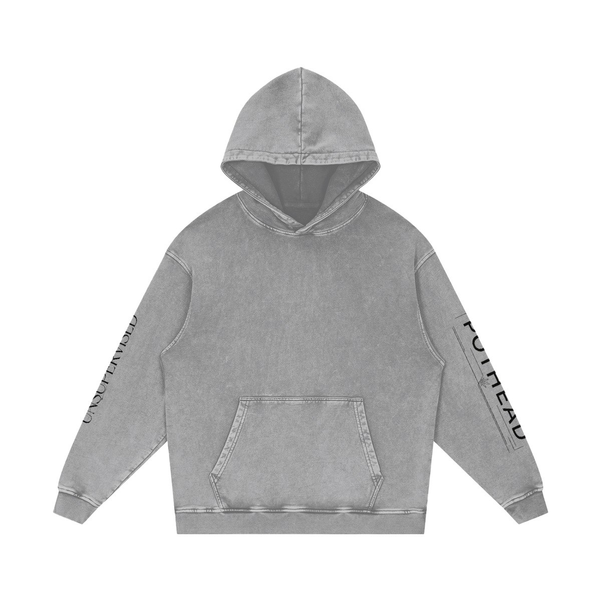 Light gray snow wash oversized hoodie with a kangaroo pocket and sleeve lettering, front view