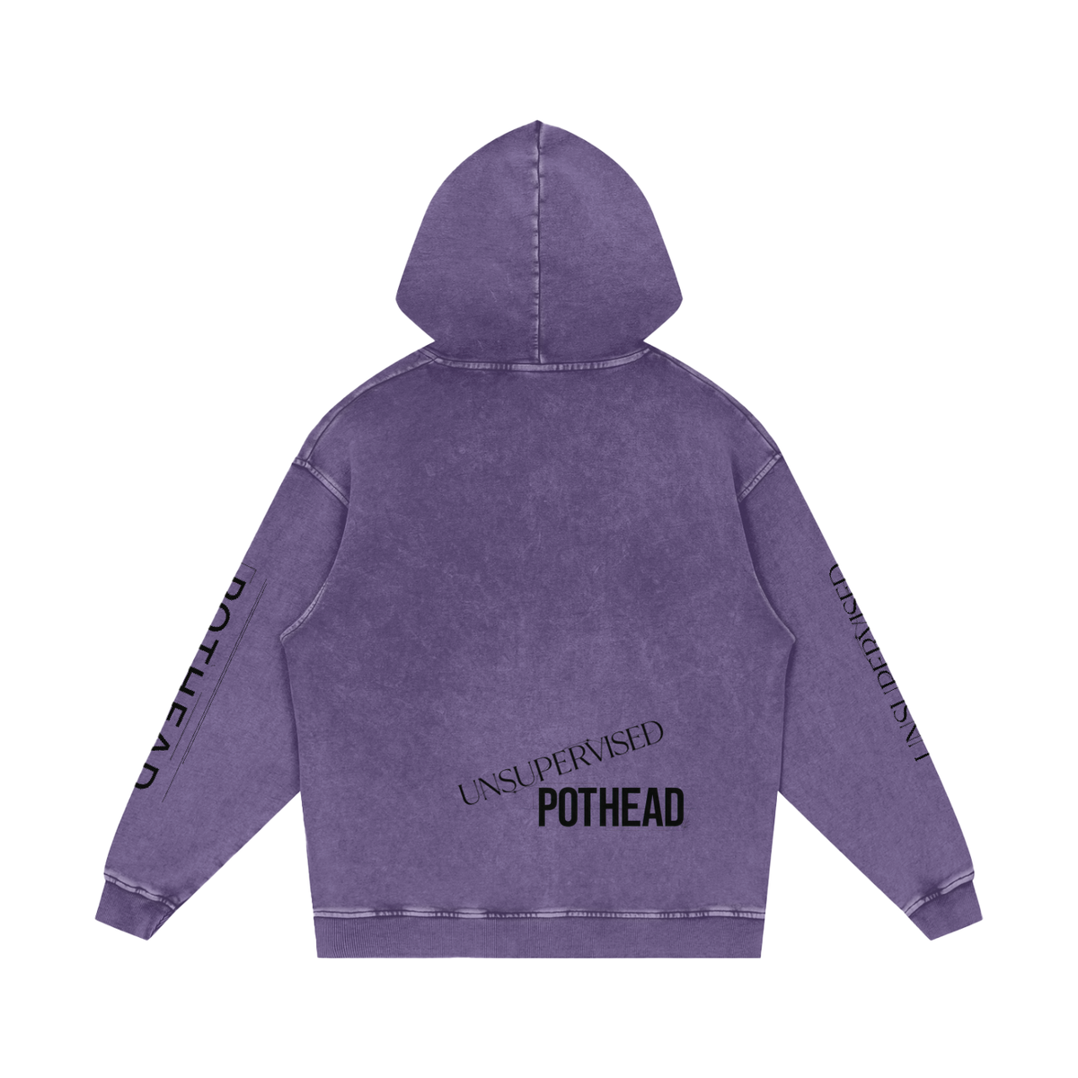 Purple snow wash oversized hoodie, back view with UNSUPERVISED over bold POTHEAD lettering