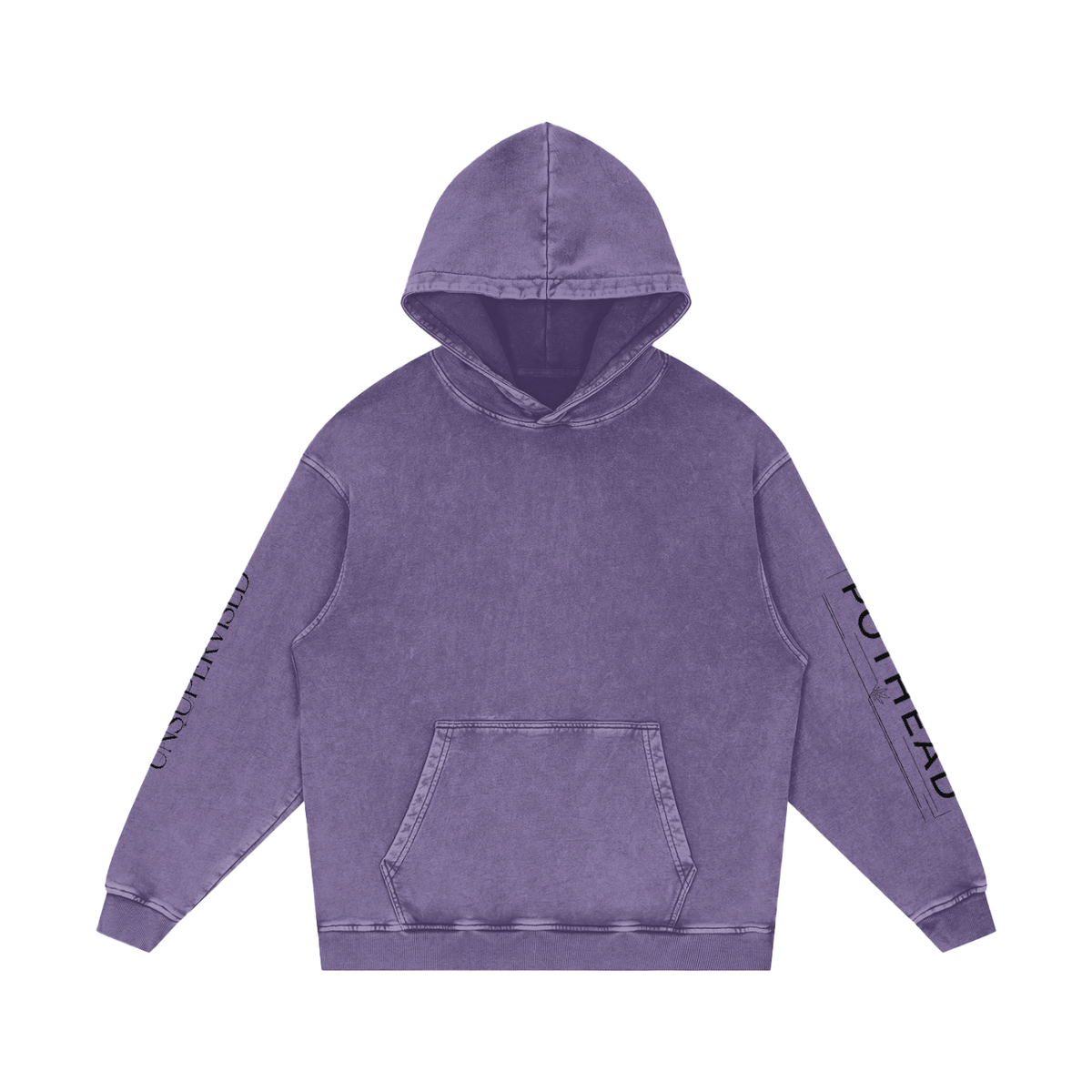Purple snow wash oversized hoodie with a kangaroo pocket and sleeve lettering, front view