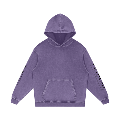 Purple snow wash oversized hoodie with a kangaroo pocket and sleeve lettering, front view