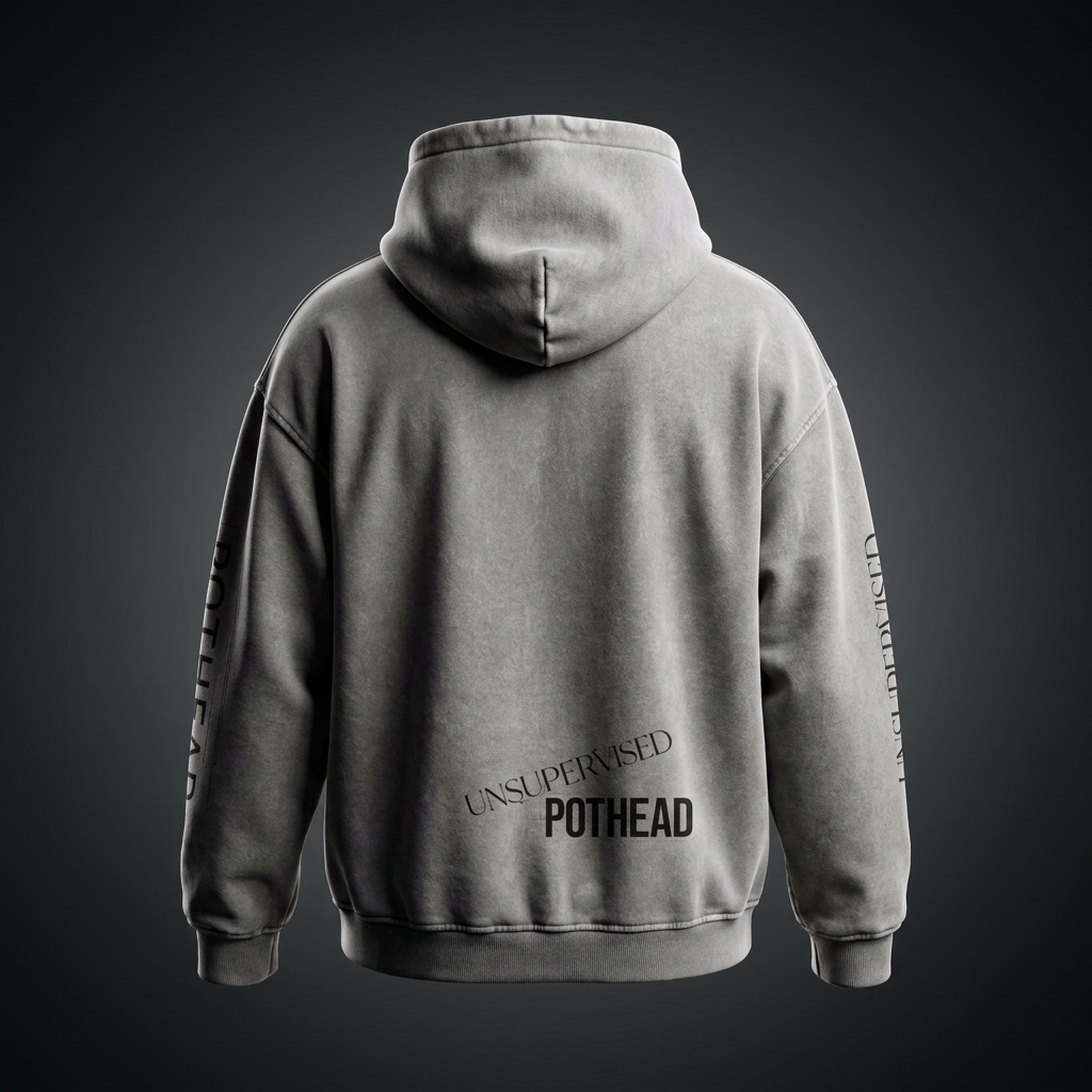Gray snow wash oversized hoodie, back view with UNSUPERVISED POTHEAD lettering low on the back and down the sleeves