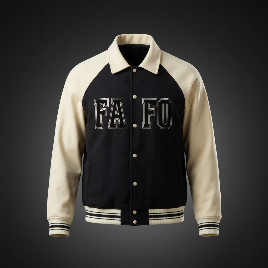 Varsity baseball jacket with a black body, cream sleeves and black FAFO lettering split by the button placket, shown against a dark studio backdrop