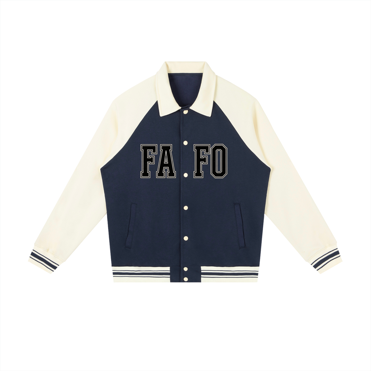 Front of navy blue varsity baseball jacket with cream sleeves and collar, FAFO lettering split by the buttons and a striped ribbed hem