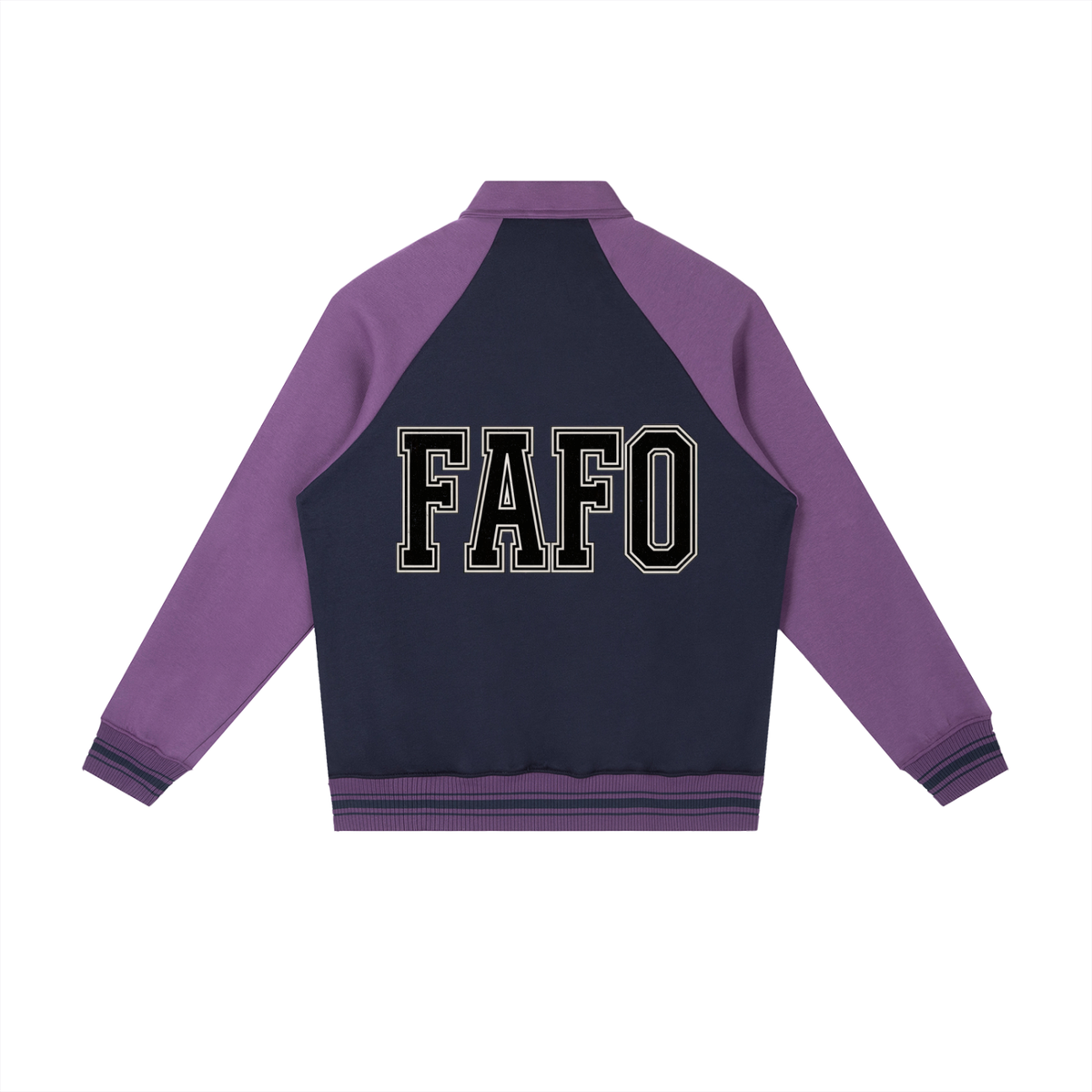 Back of navy blue varsity baseball jacket with purple sleeves and the full word FAFO in black block letters