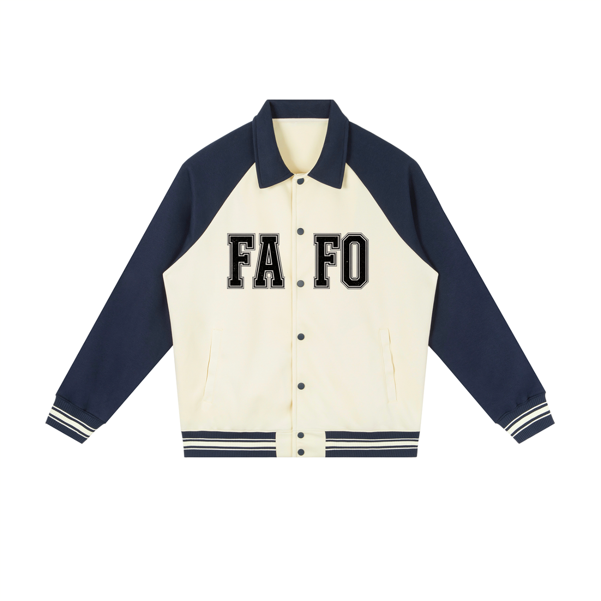 Front of cream varsity baseball jacket with navy blue sleeves and collar, black FAFO lettering split by the buttons and a striped ribbed hem