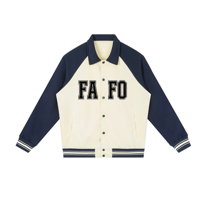 Front of cream varsity baseball jacket with navy blue sleeves and collar, black FAFO lettering split by the buttons and a striped ribbed hem