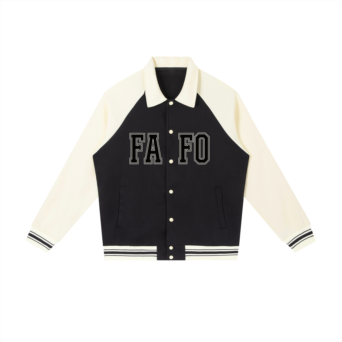 Front of black varsity baseball jacket with cream sleeves and collar, FAFO lettering split by the buttons and a striped ribbed hem