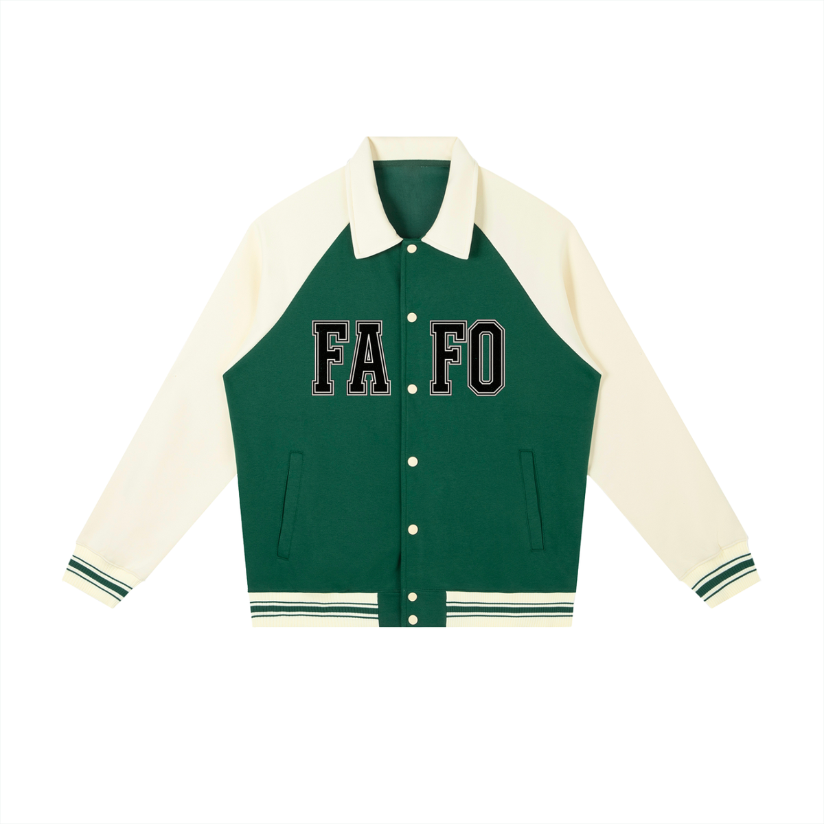 Front of green varsity baseball jacket with cream sleeves and collar, FAFO lettering split by the buttons and a striped ribbed hem