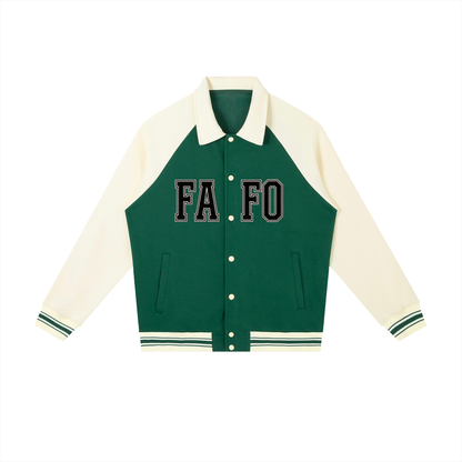 Front of green varsity baseball jacket with cream sleeves and collar, FAFO lettering split by the buttons and a striped ribbed hem